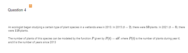 <p>B (i) Use the given data to find the average rate of change of the number of plants, in plants per year, from t=2 to t=8 years. Express your answer as a decimal approximation. Show the computations that lead to your answer. </p>