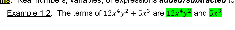 <p>Real numbers, variables or expressions <strong>added/subtracted </strong>Together</p><p></p>