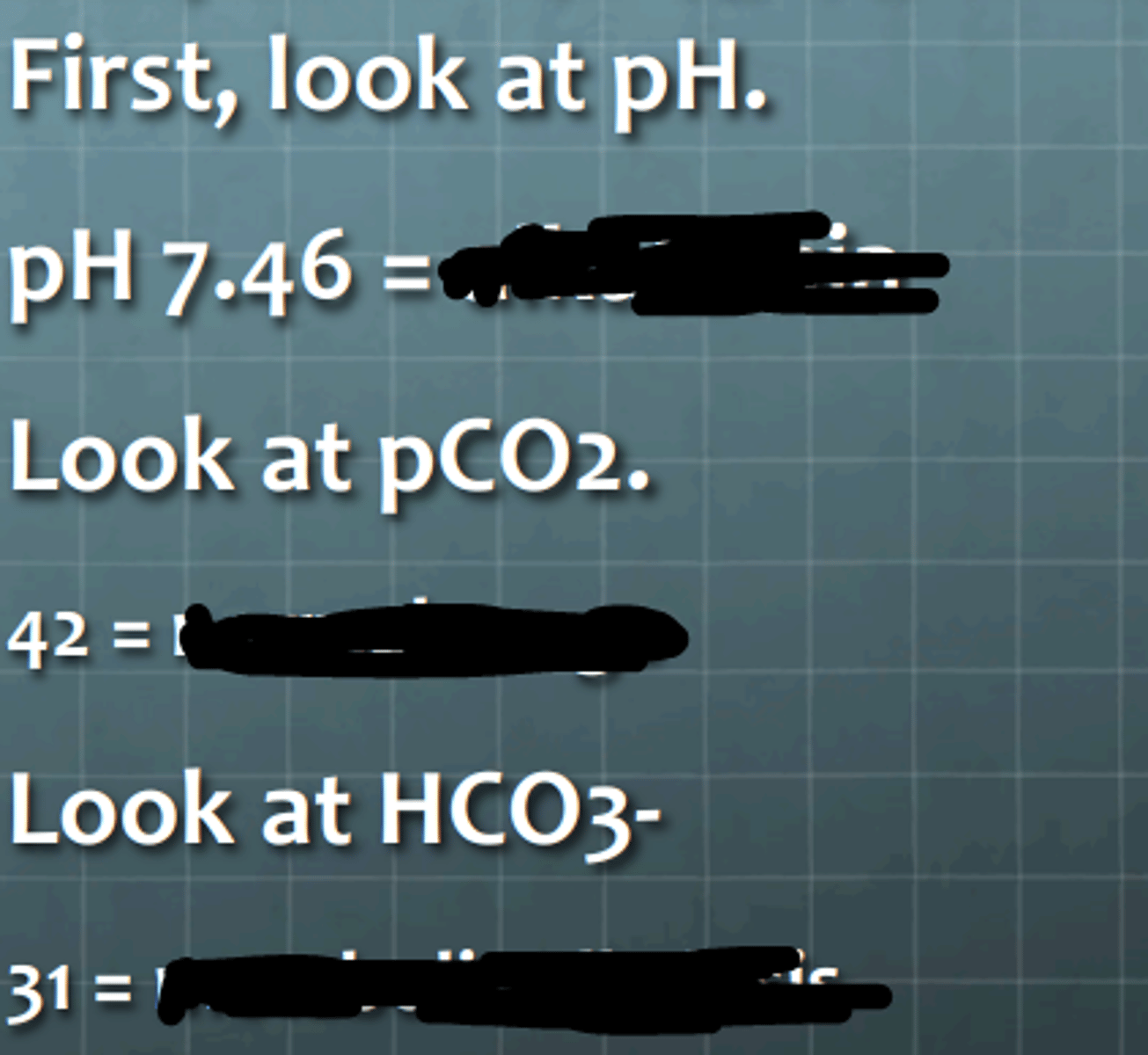 <p>What does the pH suggest?</p><p>________</p><p>What does the CO2 level suggest?</p><p>_________</p><p>What does the bicarbonate level suggest?</p><p>_________</p><p>What is the diagnosis?</p><p>_________</p>