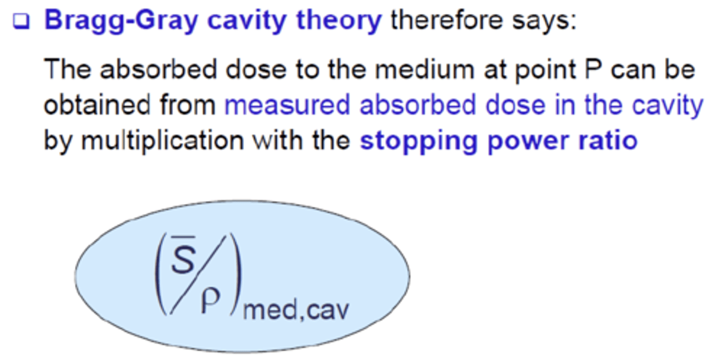 <p>Bragg-gray cavity theory</p><p>(Bragg-Gray cavity theory states that ionization in an air cavity can be related to ionization in a medium.)</p>