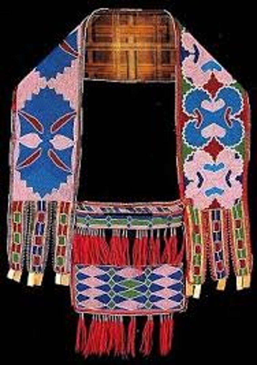 <p>LENAPE, beadwork &amp; leather<br><br>Many first nations make these, which fvary in style.<br><br>PRARIE STYLE (natural and abstract floral designs)<br>Worn by med, made by women, object of status!<br>When natiosn were relocated they were influenced by regional styles<br><br>TRADE!!! glass beads from europe, imported cotton and silk</p>
