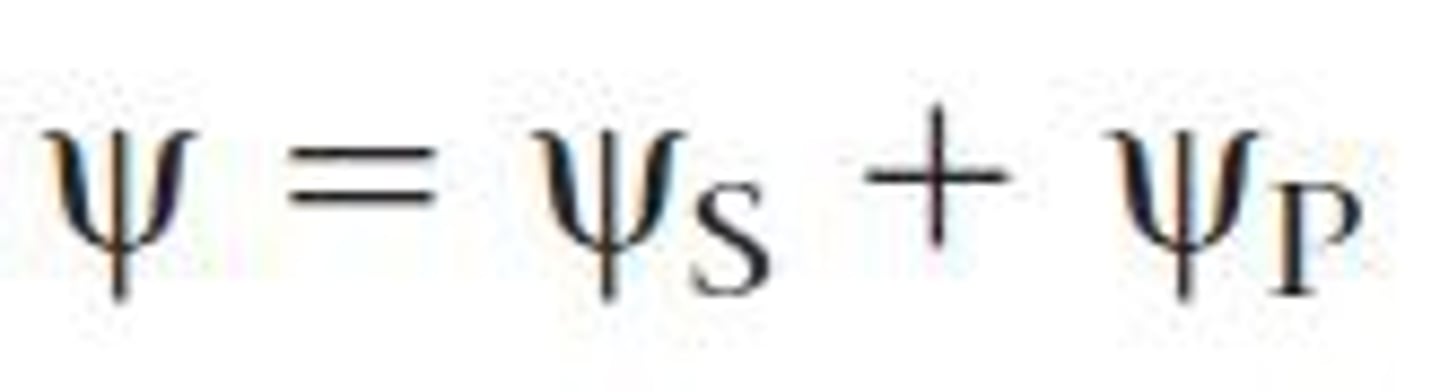 <p>Measure of potential energy of water per unit of volume of water, relative to the potential energy of pure water at standard conditions.</p><p>In a hypertonic solution (lots of particles dissolved):</p><p>*osmolarity high</p><p>*water potential low</p><p>*solute concentration high</p><p>In a hypotonic solution (few particles dissolved):</p><p>*osmolarity low</p><p>*water potential high</p><p>*solute concentration low</p>