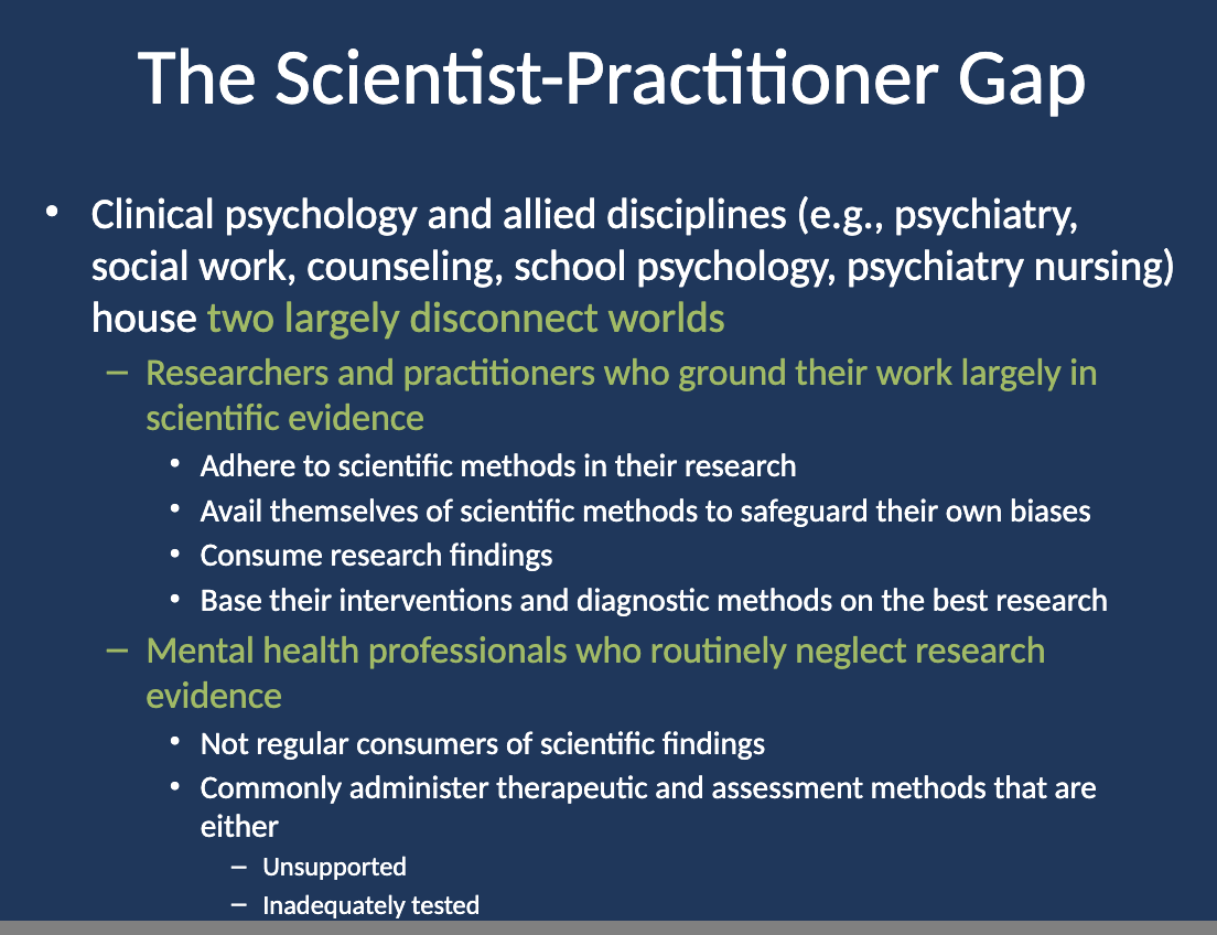 <ul><li><p class=""><strong>Researchers and practitioners who base their work on scientific evidence.</strong></p></li><li><p class=""><strong>Mental health professionals who often neglect research evidence.</strong></p></li></ul><p></p>