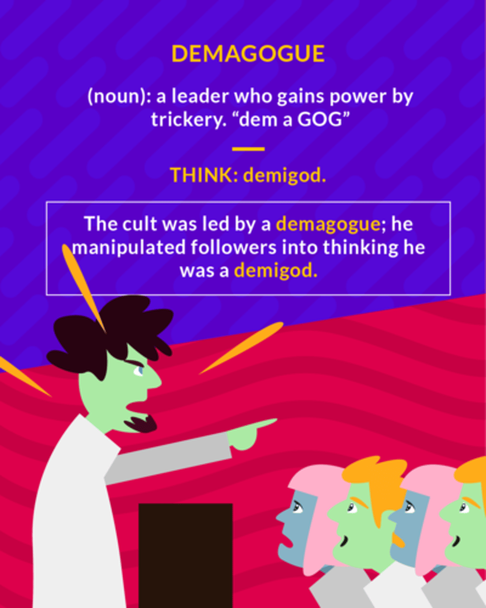 <p>(n.) a leader who exploits popular prejudices and false claims and promises in order to gain power</p><p>(noun) a leader who gains power by trickery</p>