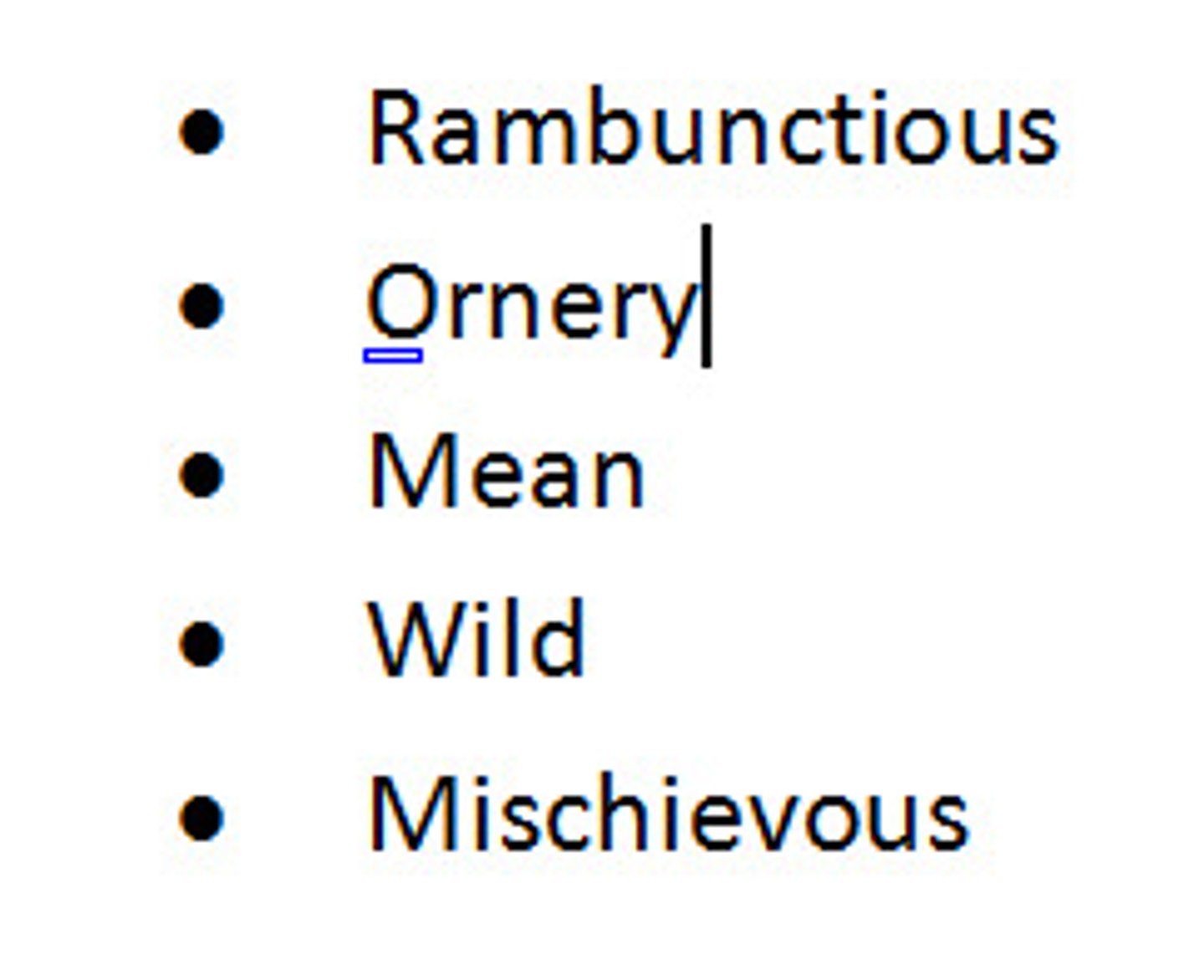 <p>n(dot before list item)<br><b>viñeta</b><br> - The boss would prefer a simple list of items with bullet points, rather than long descriptions. <br>- To create a list of bullet points, click on the icon.</p>