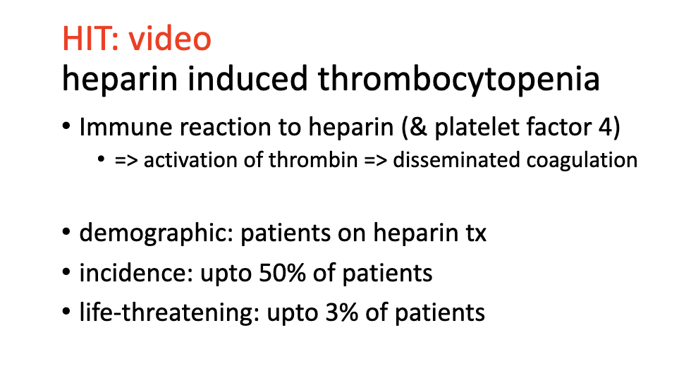 <p><span style="color: green;"><strong><u><span>Immune reaction</span></u></strong></span><span style="color: rgb(0, 0, 0);"><strong><u><span> to heparin (& platelet factor 4)</span></u></strong></span><span style="color: rgb(0, 0, 0);"><strong><u><br></u></strong></span><span style="color: rgb(0, 0, 0);"><span>• => activation of thrombin => </span><strong><u><span>DIC</span></u></strong></span></p><p></p><p><strong><u>Disseminated Intravascular Coagulation (DIC): </u></strong></p><ul><li><p>clotting and bleeding at the same time</p></li></ul><p></p>