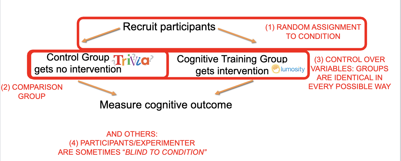 <ul><li><p>random assignment to condition</p></li><li><p>comparison group</p></li><li><p>control over variables- keep groups as similar as possible</p></li><li><p>(blind to condition)</p></li></ul><p></p>