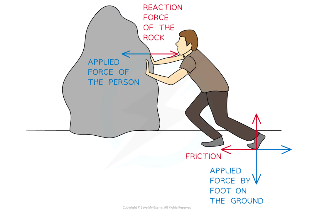 <ul><li><p>The applied force that the person exerts on the rock is opposed by a reaction force from the rock.</p></li><li><p>The weight of the rock on the ground is opposed by a normal force</p></li><li><p>The weight of the person is also opposed by a normal force</p></li><li><p>The force applied by the person driving their feet into the ground is opposed by friction</p></li></ul><p></p>