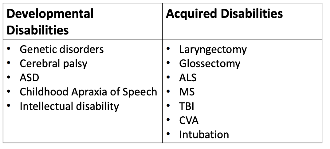 <ul><li><p>Developmental disabilities </p></li><li><p>Acquired disabilities </p></li></ul><p></p>