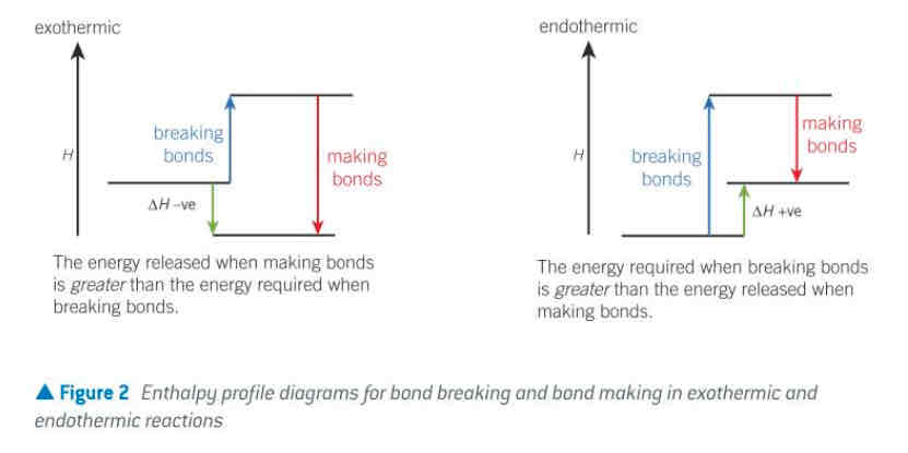 <ul><li><p>endothermic: energy required to break bonds; delta H is positive</p></li><li><p>exothermic: energy released when bonds form; delta H is negative</p></li></ul>