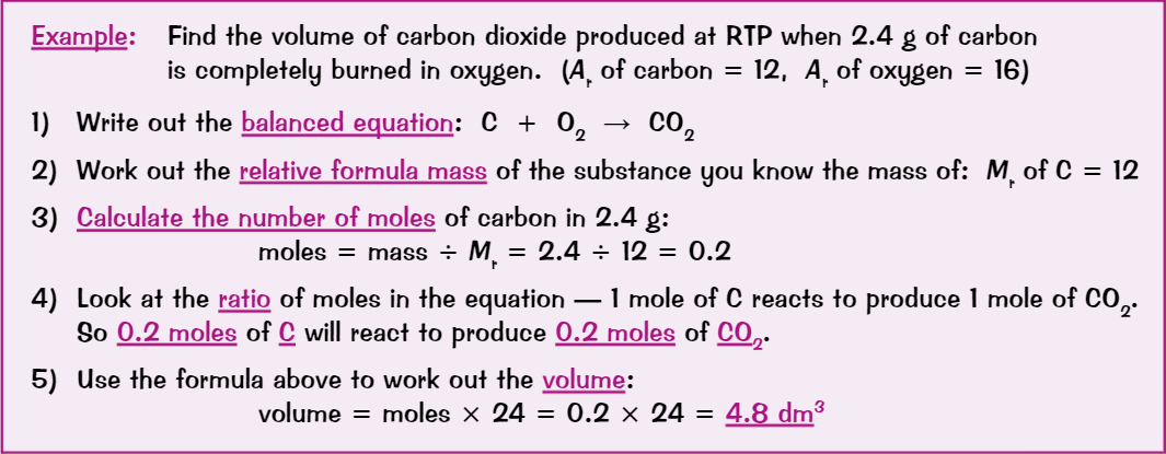 <ul><li><p><em>Calculate </em><strong><em>moles</em></strong><em> of </em><strong><em>substance</em></strong><em> you know of</em></p></li><li><p><strong><em>Find moles of gas</em></strong><em> using balanced equation</em></p></li><li><p><strong><em>Convert moles into volume</em></strong><em> using formula</em></p></li></ul>