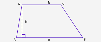 Quadrilateral with 1 pair of parallel sides.
Bases- 2 parallel sides of a trapezoid 
Area=1/2 (sum of the lengths of the base)(height)
Example: 1/2(a+b)