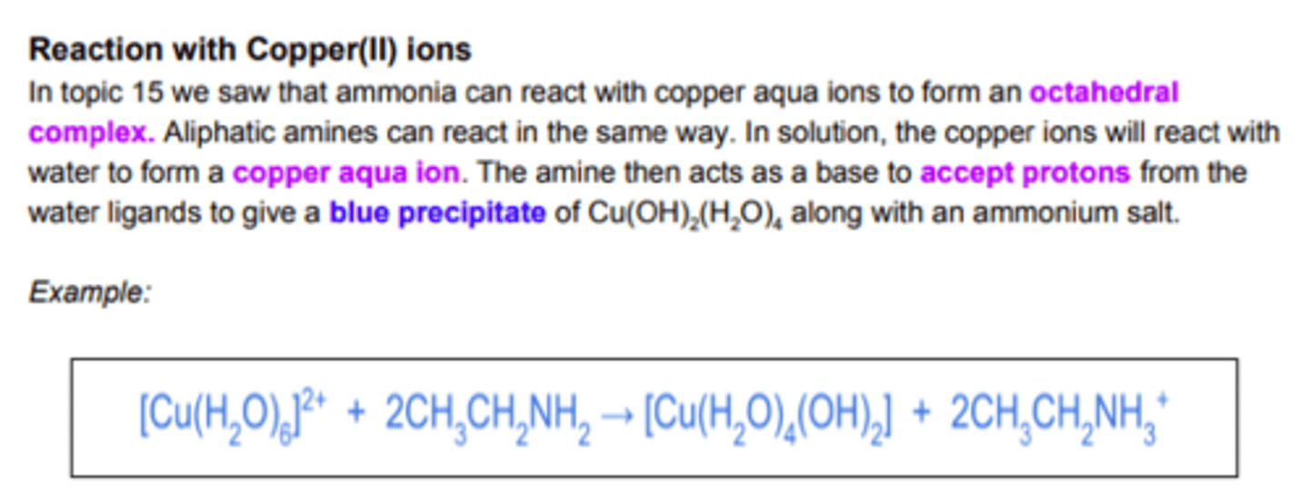 <p>copper complex is formed by dissolving copper (II) sulfate in water</p><p>add small amount of butyl amine to copper sulfate solution a pale blue precipitate is formed as amines removes 2H+ acting as a base</p><p>add more butylamine then 4 ligands will be exchanged with amines forming the complex deep blue solution</p><p>large amine different shape complex</p>