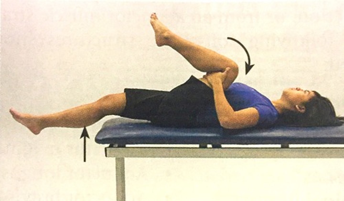 <p>test for tight iliopsoas muscle</p><p>- when affected leg is pulled towards chest it causes superior pelvic tilt</p><p>- the test will have the patient pulled there leg to there chest and test the opposite leg </p><p>- tight iliopsoas and rectus femoris can be differed from movements made at the knee</p>