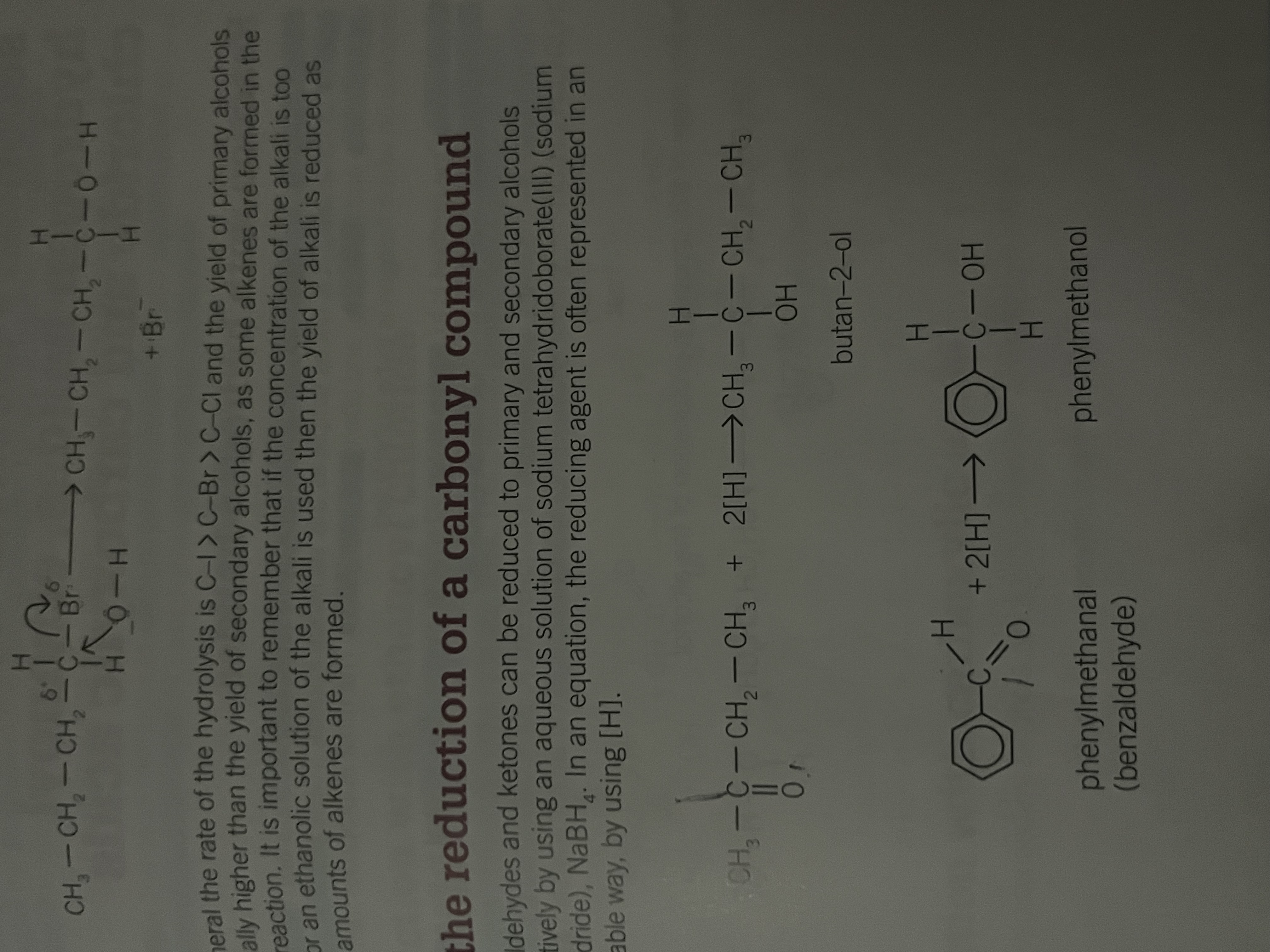 <p>Both aldehydes and ketones can be reduced to primary and secondary alcohols by using an aqueous solution of sodium tetrahydridoboarate (NaBH4)</p><p>use [H] to represent a reducing agent</p>