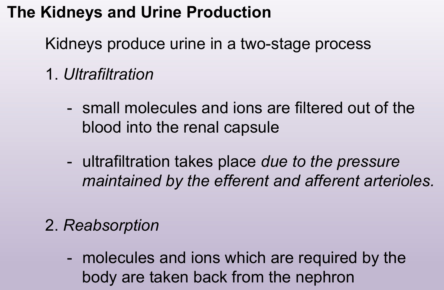<p>Ultrafiltration is filtration under high pressure. Small molecules and ions are filtered out of the blood and forced into the tubule (renal capsule) as filtrate.</p><p>Large molecules (proteins) and blood cells cannot pass into the tubule as they are too large to be filtered.</p><p>Bowman’s capsule and the capillary knot of the glomerulus are responsible for ultrafiltration.</p>