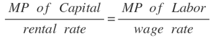 <p>MPL/wage= MPC/rent</p>