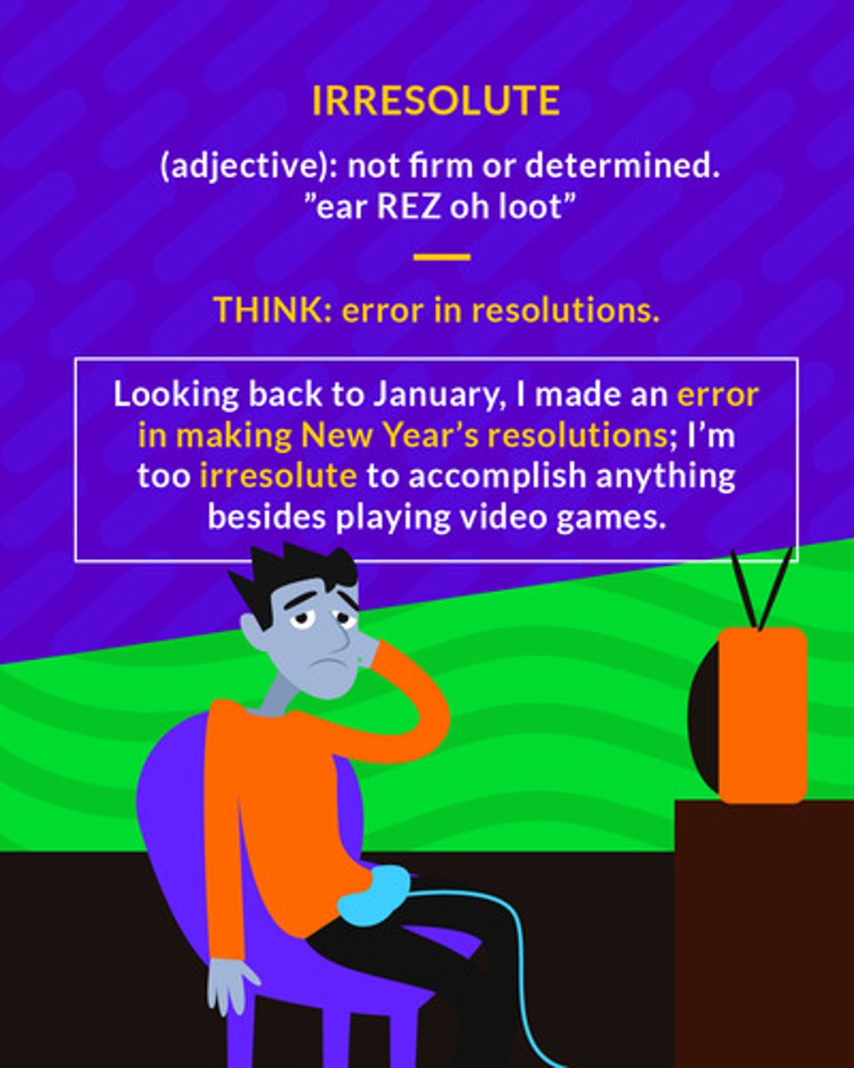 <p>(adj.) unable to make up one's mind, hesitating</p><p>(adj.) not firm</p>