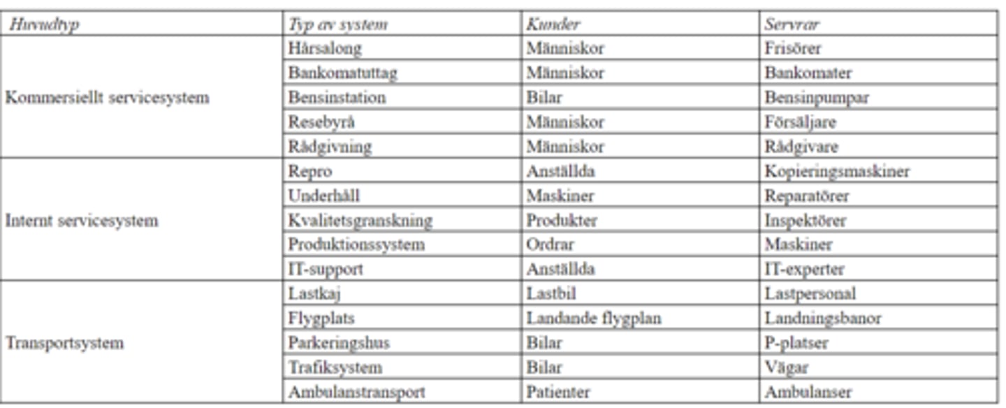 <p>- Kommersiellt servicesystem; hårsalong, bankautomat, bensinstation etc.</p><p>- Internt servicesystem; Underhåll, IT-support etc.</p><p>- Transportsystem; lastkaj, flygplats, parkeringshus.</p>