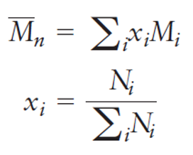 <p><span>The number-average molecular weight is found by dividing the chains into a series of size ranges and computing the fraction of chains with that size. This can be written</span></p><ul><li><p><span>N<sub>i</sub> is the number of chains with molecular weight M<sub>i</sub></span></p></li><li><p style="text-align: left"><span>M<sub>i</sub> represents an average molecular weight for the chosen molecular weight range</span></p></li></ul><p></p>