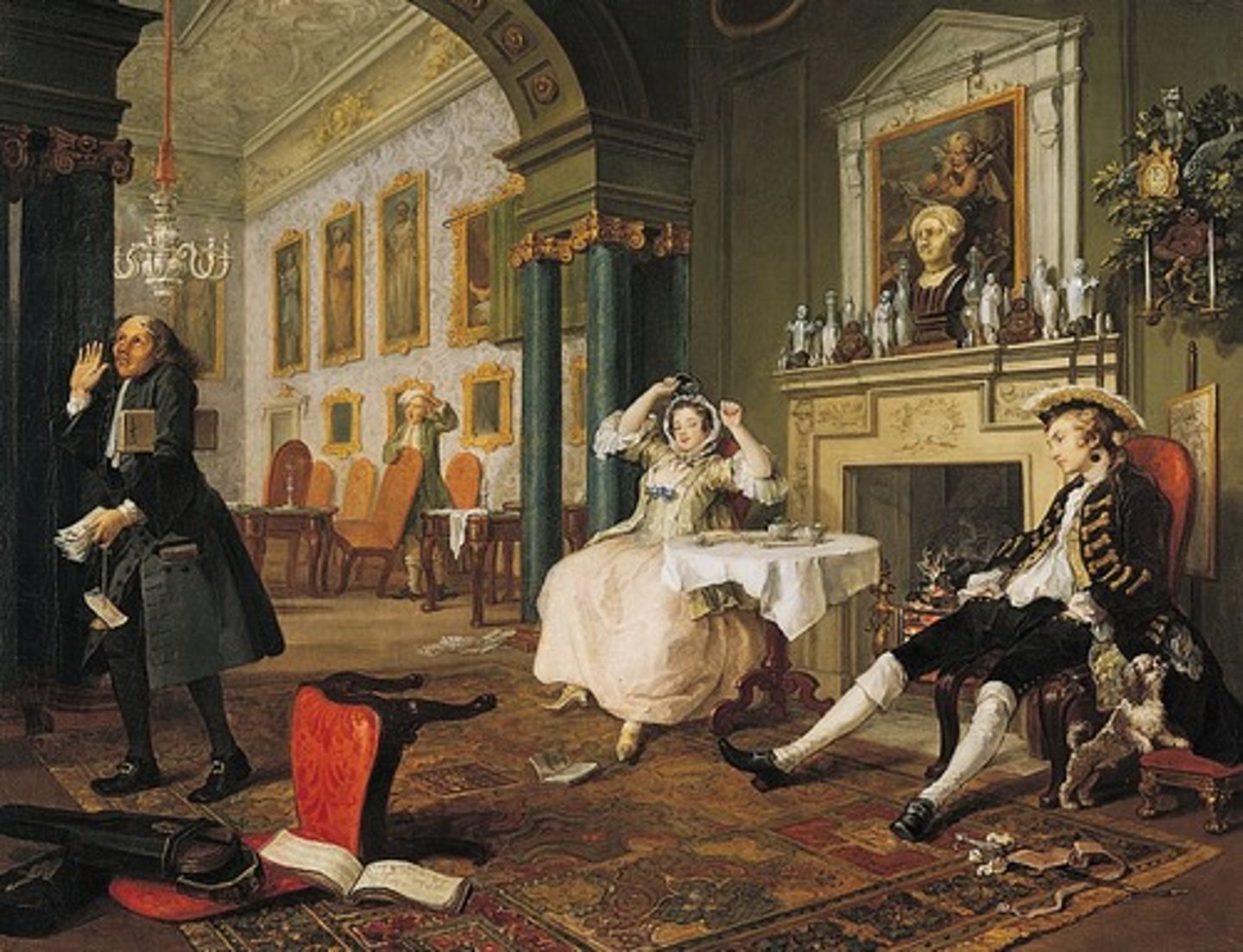 <p>William Hogarth. 1743 C.E. Oil on canvas.<br><br>Contains themes of the aristocratic elite and consumerism. Sold as engraved prints and installments. Comments on arranged marriages and diminished morality of the upper class. Dog behavior indicates infidelity. The decor reflects ostentatious and ornate nature. Depicts a couple as irresponsible.</p>