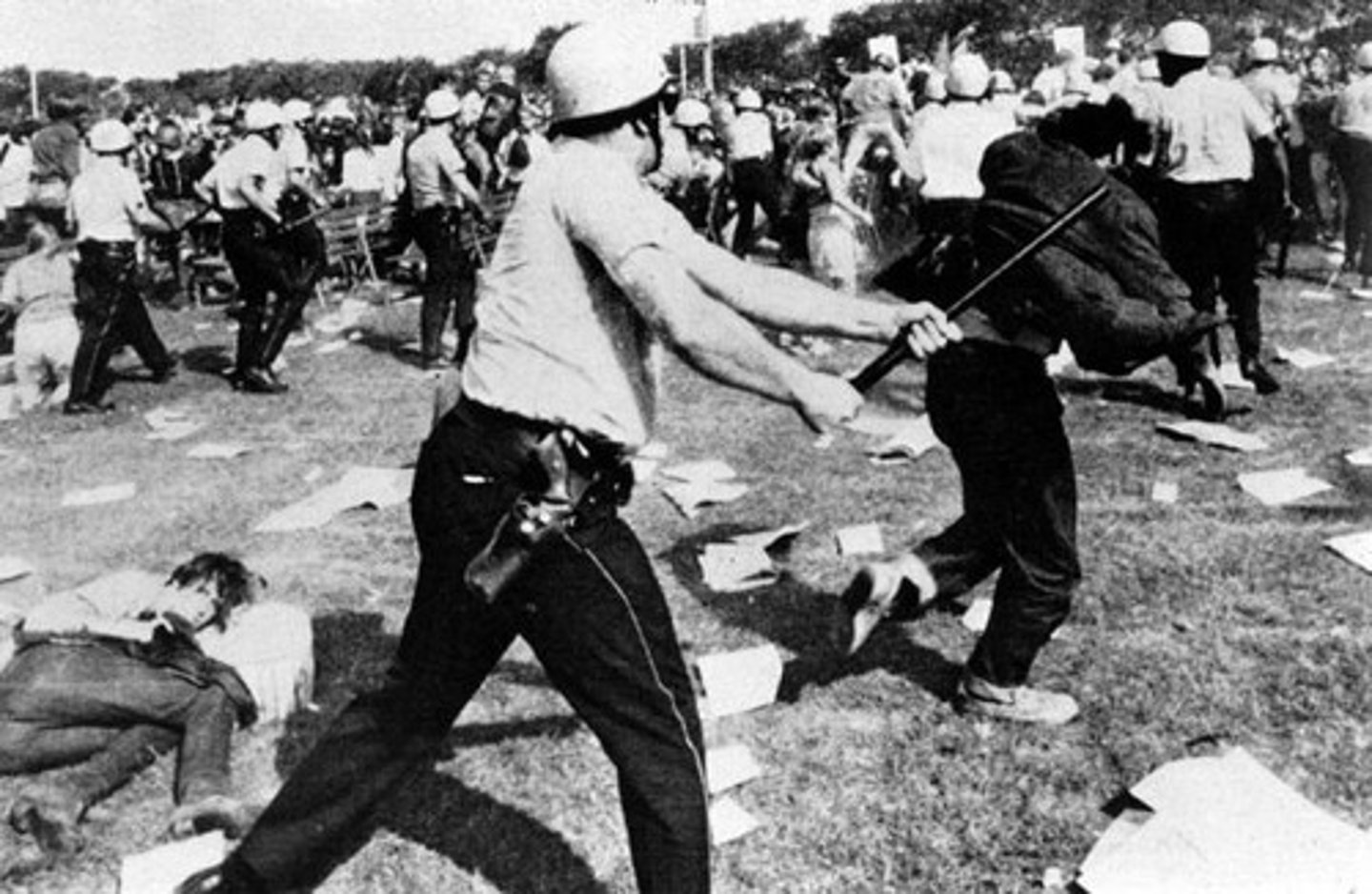 <p>Chicago, 1968, where Democratic delegates gathered to nominate Vice-president Hubert Humphrey. The convention hall was protected with barbed wire and police to keep the protesters away. Massive anti-war protests outside of the convention resulted in scores of arrests and multiple instances of police brutality.</p>