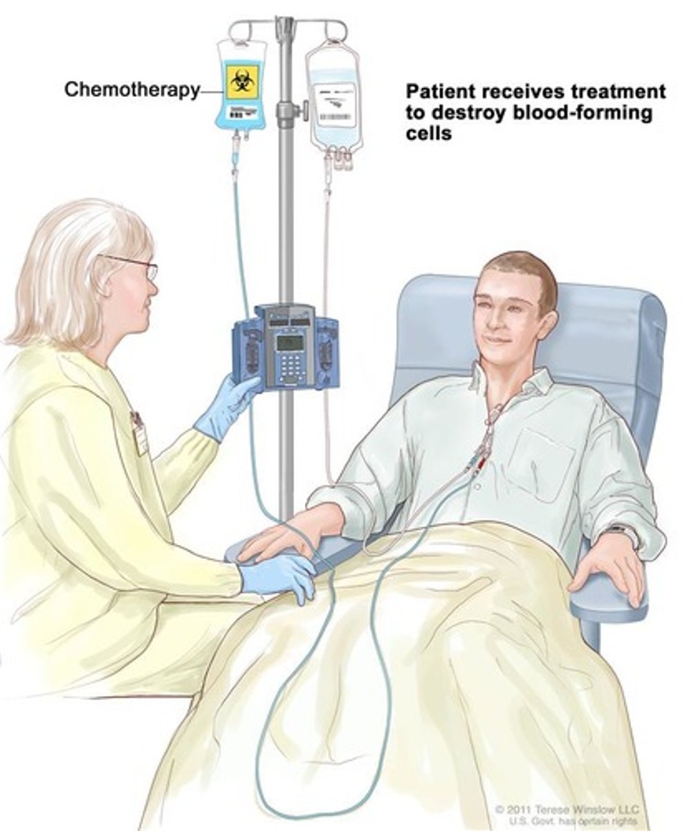 <p>the treatment of a disease, often cancer, using chemical substances</p>