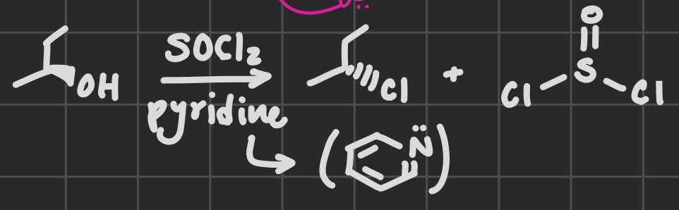 <p>Replaces alcohol group with Cl</p><p>Swaps stereochem</p><p><u>OH acts as a LG</u></p>