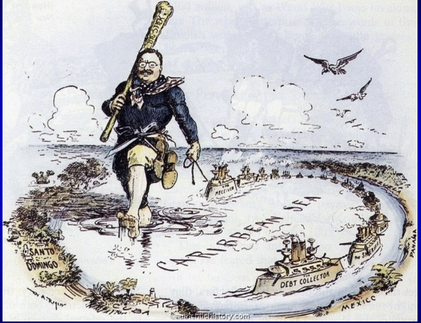 <p>This political cartoon portrays Teddy Roosevelt and his “Big Stick Diplomacy.” An example of Big Stick Diplomacy was sending the _______ on a tour of the world to buzz coastlines of other countries to flex muscles?show our strength to other</p>