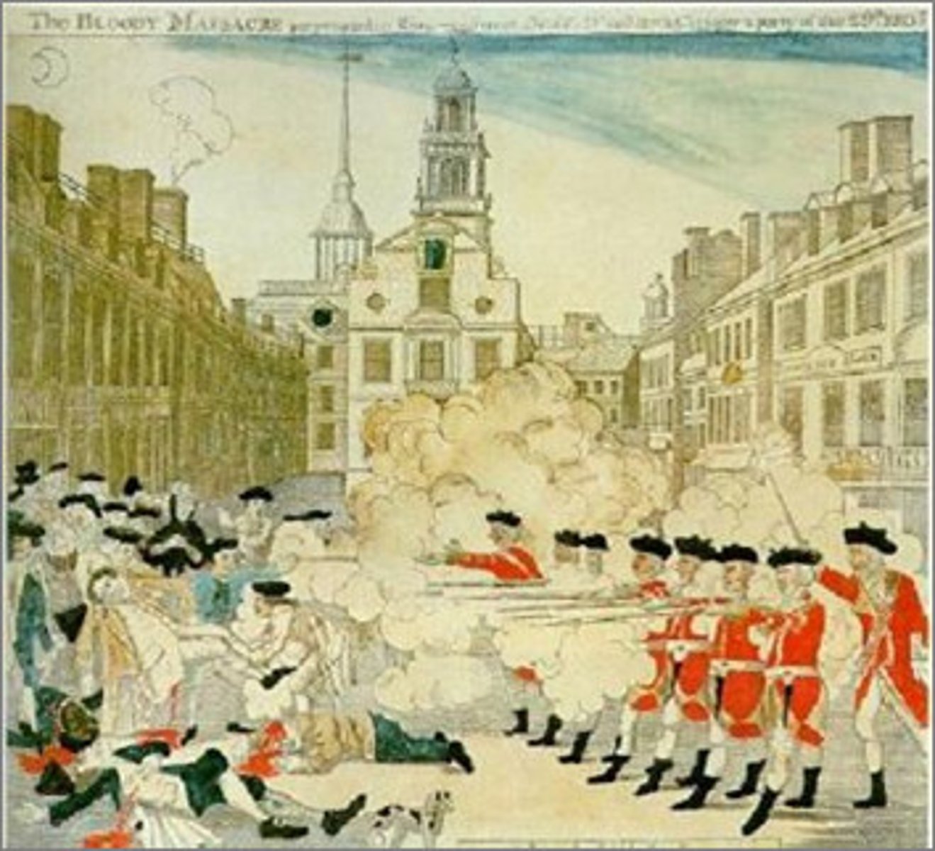 <p>The first bloodshed of the American Revolution (1770), as British guards at the Boston Customs House opened fire on a crowd killing five Americans (picture put in papers across colonies, but isn't accurate representation)</p>