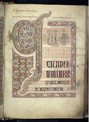 <p><span style="background-color: transparent;"><span>Lindisfarne Gospels: St. Matthew, cross-carpet page; St. Luke portrait page; St. Luke incipit page Early medieval (Hiberno Saxon) Europe. c. 700 CE. Illuminated manuscript (ink, pigments, and gold on vellum).</span></span></p>