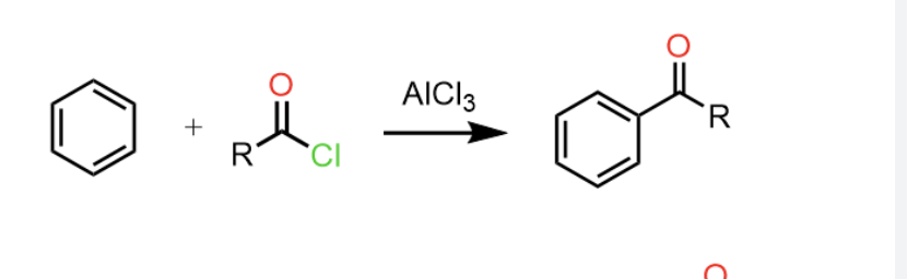 <p>Starting: Aromatic ring</p><p>Reagent:&nbsp;</p><ul><li><p>Acid halide (RCOCl)</p></li><li><p>Lewis Acid (AlCl₃)</p></li></ul><p>Steps&nbsp;</p><ol><li><p>Lewis acid takes the Halide from R-C(=O)-CL</p></li><li><p>Carbocation is formed and benzene attacks it and then its added on&nbsp;</p></li></ol><p>Reaction between an acyl halide and an</p><p>aromatic ring will produce a ketone.</p>