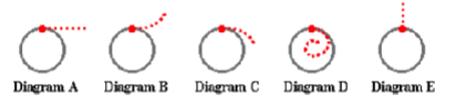 <p>An eraser is tied to a string and held by a physics teacher. The eraser is whirled in a circle at \n constant speed. A &apos;God&apos;s eye&apos; view of the circle is shown in the diagrams below.</p><p>\n If the teacher lets go of the string when the eraser is at the indicated position, then which one of \n the paths best represents the motion of the eraser?</p>