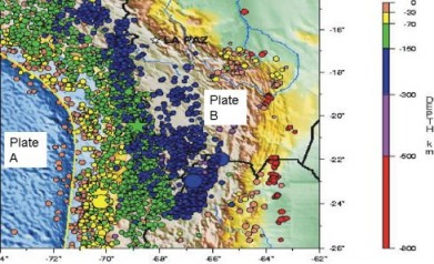<p><span><span>Based on the pattern and location of earthquakes on the diagram, which plate is subducting?</span></span></p>