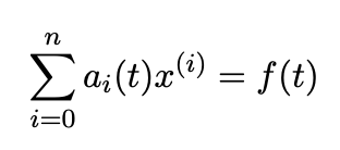 <p>where a(sub i)(t) and f(t) are functions of t and x^(i) is the ith derivative of x with respect to t.</p>