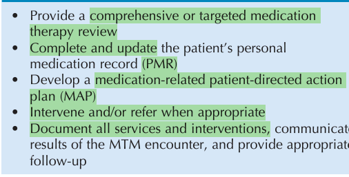 <p>It is defined as “a distinct service or group of services that optimize therapeutic outcomes for individual patients”. The goals of its services include improved medication understanding, adherence and detection of medication-related problems, including adverse drug reactions.</p>