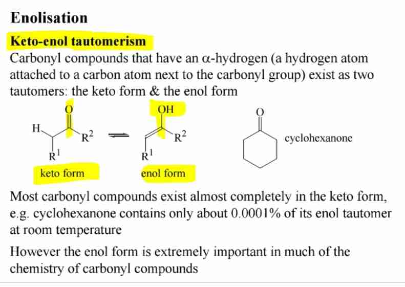 <p><span>Carbonyl compounds exist in equilibrium with their enol form.</span></p>