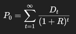 <p>By repeatedly substituting future P₁, P₂, etc., the price simplifies to:</p><p>Share value = <strong>PV of all future dividends forever</strong>.</p>