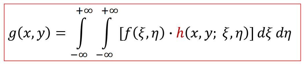 <p>output of system to a delta function, h, superposition integral, defines system, mostly gaussian profile</p><p>for LSI: g(x,y)=h(x,y)*f(x,y)</p><p>*= convolution operator</p>