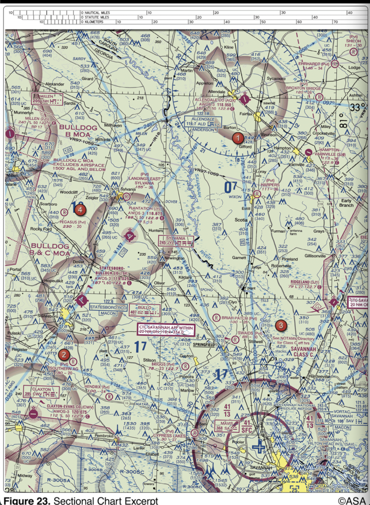 <p>(Refer to Figure 23.) Determine the magnetic heading for a flight from Allendale County Airport (area 1) to Claxton-Evans County Airport (area 2). The wind is from 090° at 16 knots, the true airspeed is 90 knots, and the magnetic variation is 6 degrees West.</p>