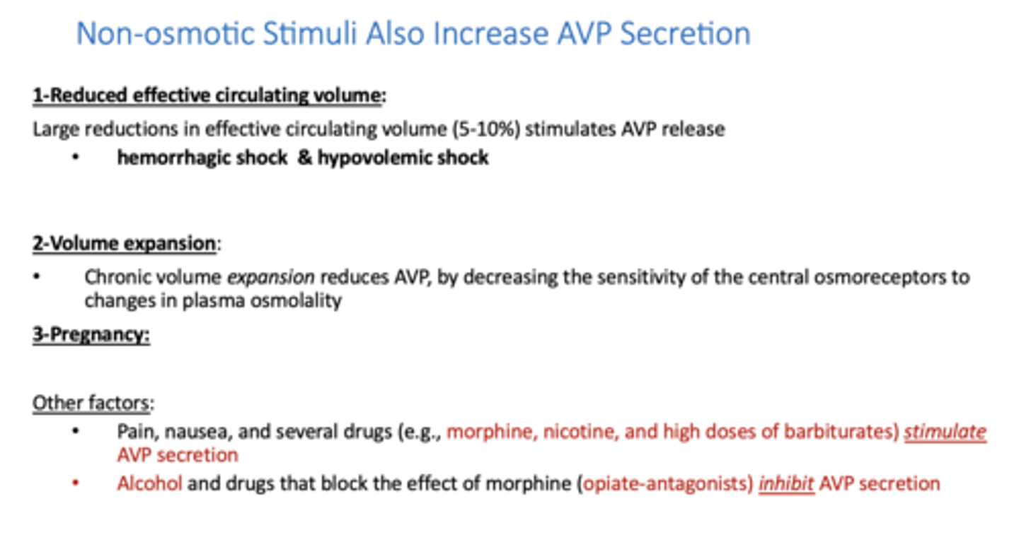 <p>- Reduced effective circulating volume (hemorrhagic shock &amp; hypovolemic shock)</p><p>- Volume expansion</p><p>- Pregnancy</p>