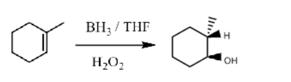 <p>BH<sub>3</sub>/THF / H<sub>2</sub>O<sub>2</sub>  </p><p>Products: H + OH</p><p>Syn/Cis</p><p>AntiMark’s Rule</p>