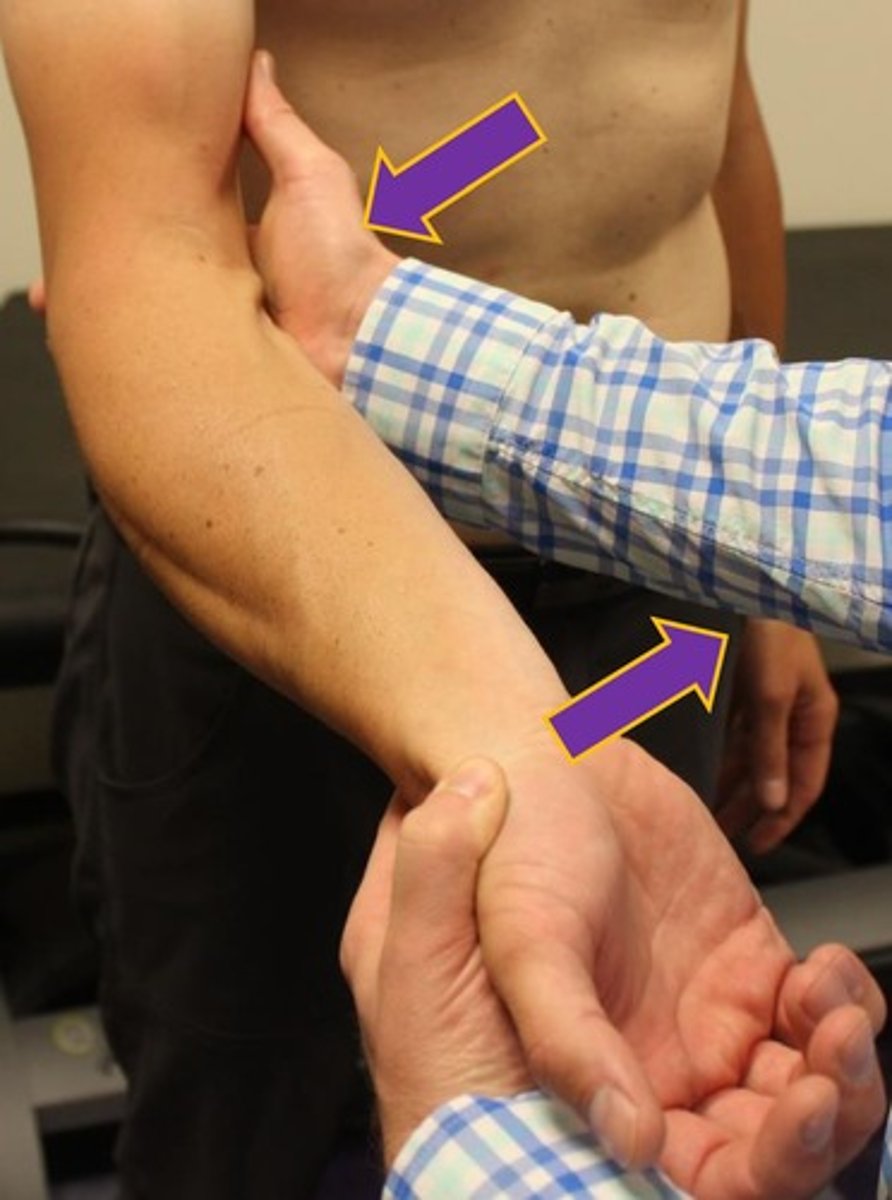 <p>laterally directed force at elbow, and medially directed force at wrist</p>