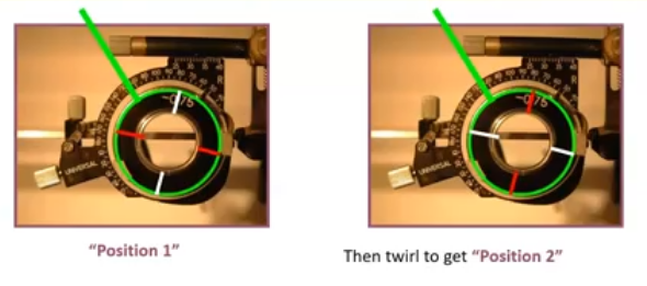 <p>hold the axis markings of the JCC along axis of the cyl in the trial frame&nbsp;</p><p>red markings along axis of cylinder so perpendicular to the extimated cyl axis&nbsp;</p><p></p><p></p>