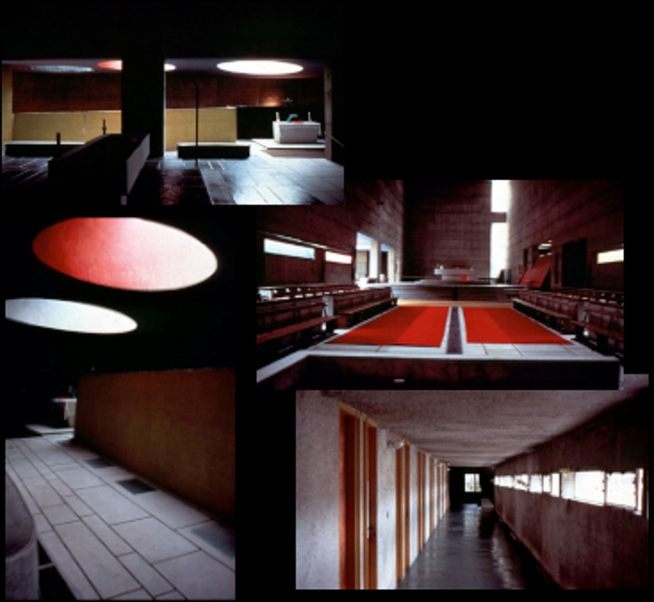 <p>Openings for natural light with their walls painted. Appears similar to a stained glass clerestory to the naked eye.</p>