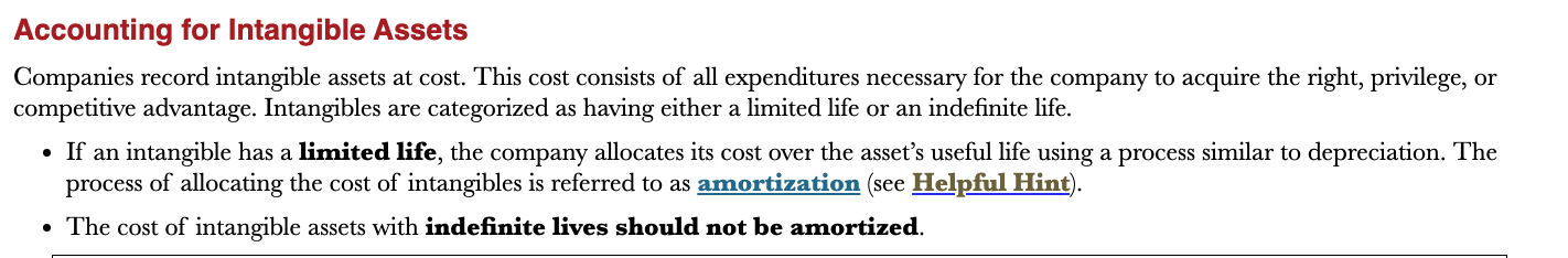<p>The company allocates its cost over the asset’s useful life using a process similar to depreciation. The process on allocating the cost of intangibles is referred to as amortization</p>
<p>Indefinite intangibles should not be amortized</p>