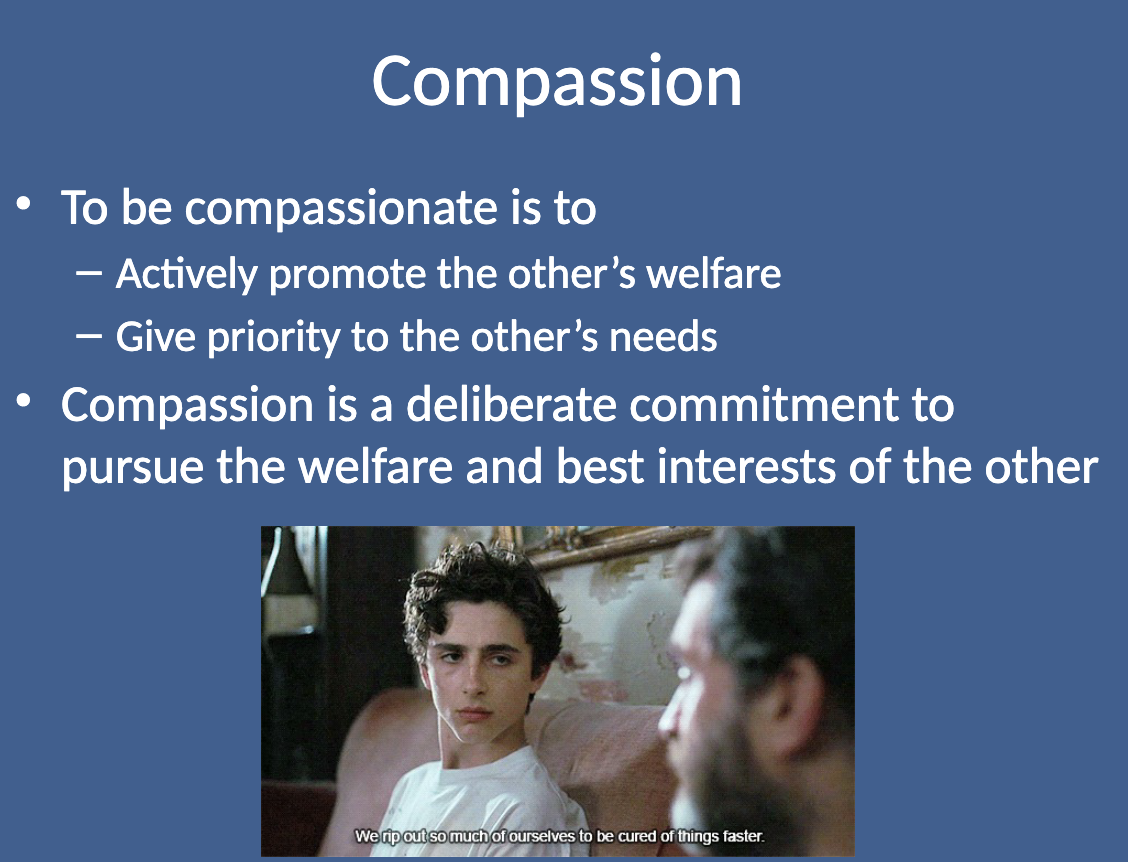 <p class="">Compassion involves actively promoting the other person’s welfare and giving priority to their needs. It is a deliberate commitment to pursuing the best interests of the individual being helped.</p>