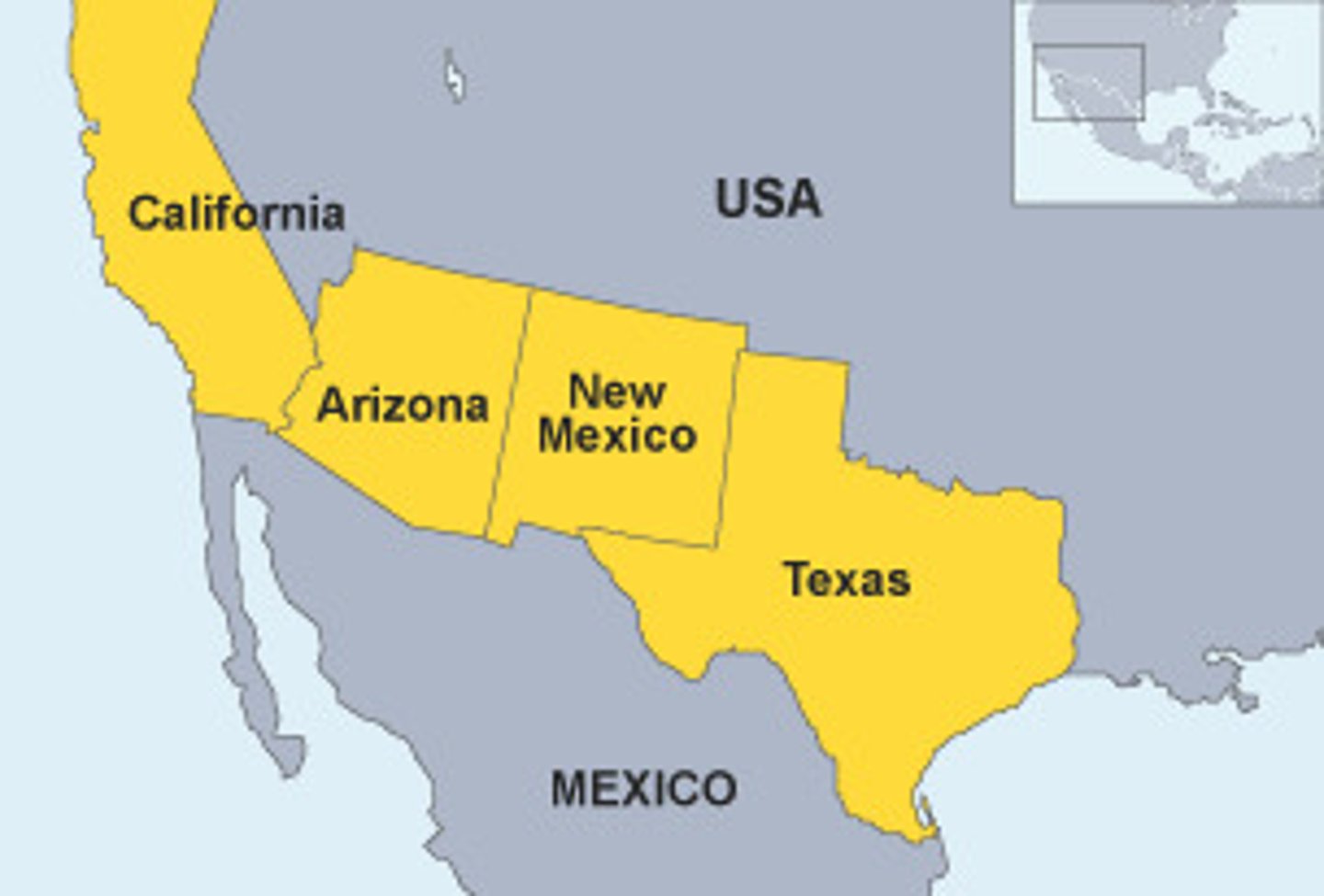 <p>- Arizona</p><p>- California</p><p>- New Mexico</p><p>- Texas</p>