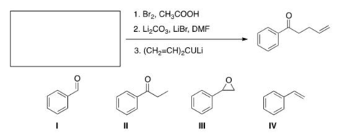 <p>What is the starting material required to accomplish the following transformation?</p><p>A. I</p><p>B. II</p><p>C. III</p><p>D. IV</p>