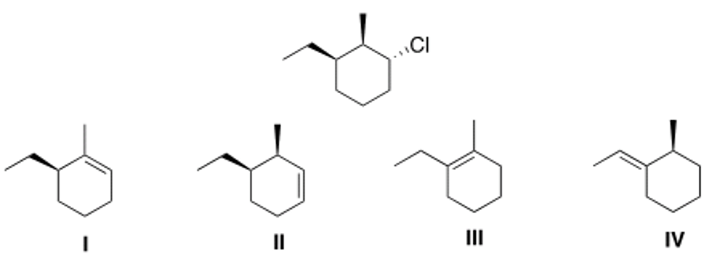 <p>Which of the following is the major E2 product formed from the following alkyl halide?</p><p>A) I B) II C) III D) IV</p>
